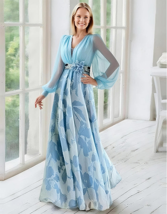 Elegant Navy Chiffon Gown with Floral Print Skirt and Sheer Bishop Sleeves