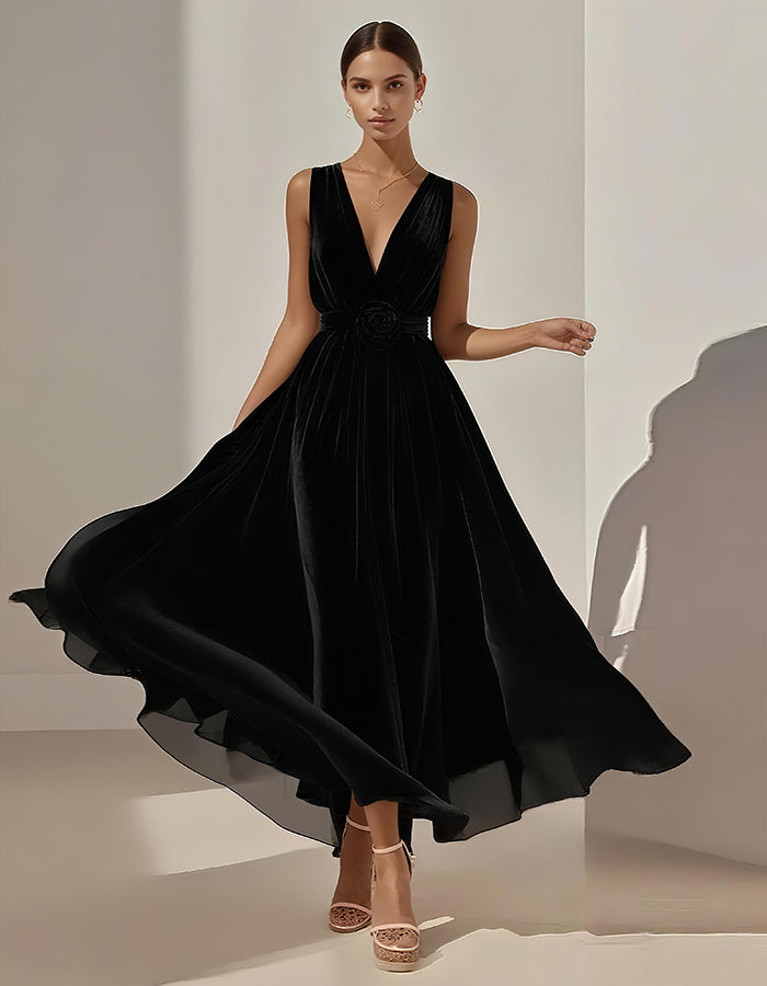 Romantic Pleated Chiffon Midi Dress with Floral Waist