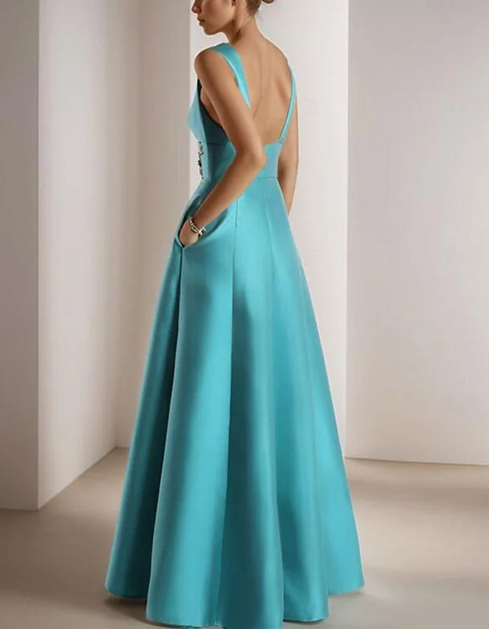 Aqua Satin Evening Gown – Deep V-Neck with Embroidered Waist & A-Line Silhouette