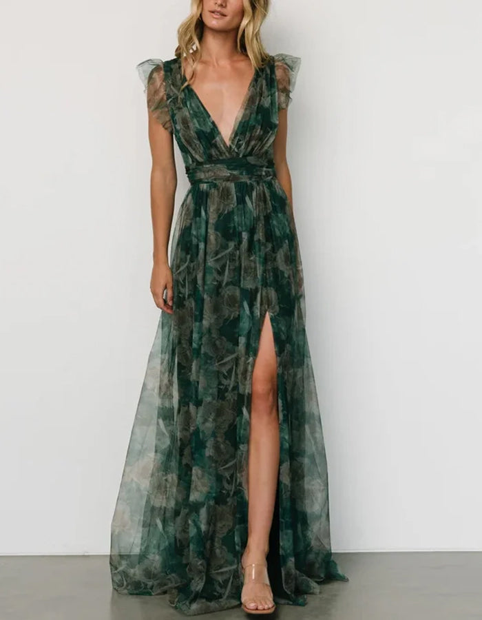 Romantic Green Tulle Gown with Ruffled Sleeves and Plunging Neckline