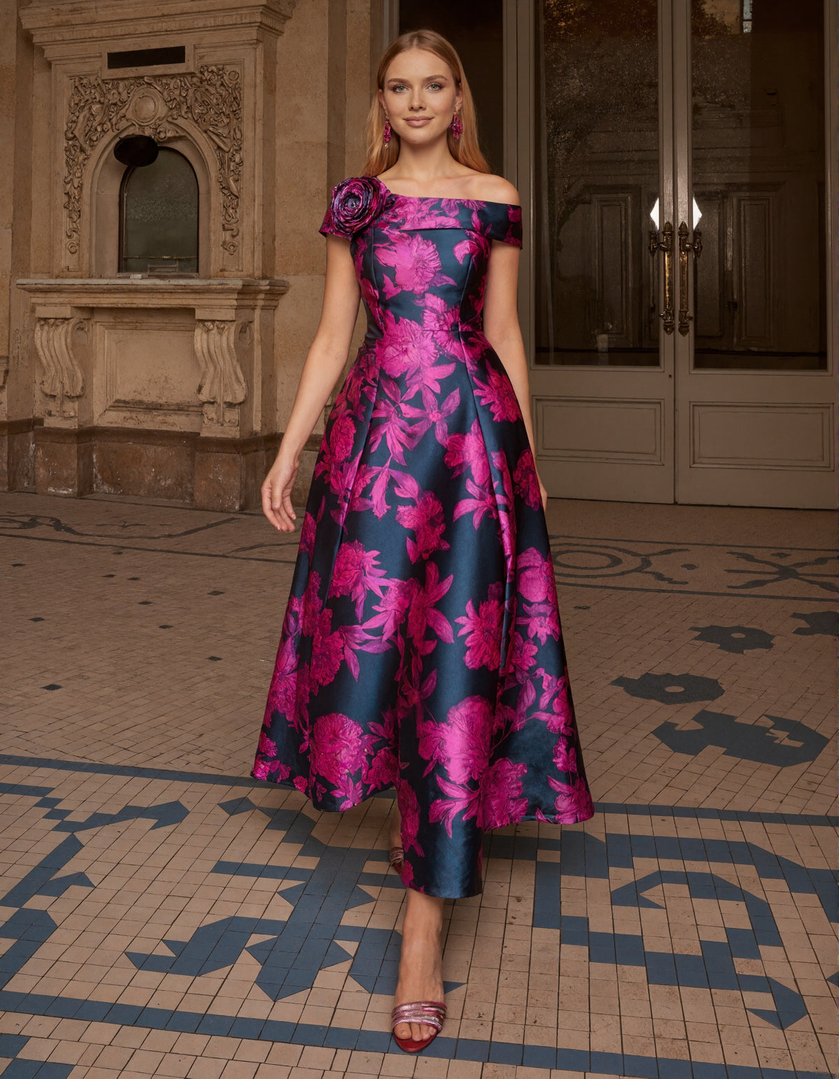 Rose Red Wedding Evening Party Satin Printed Midi Dress