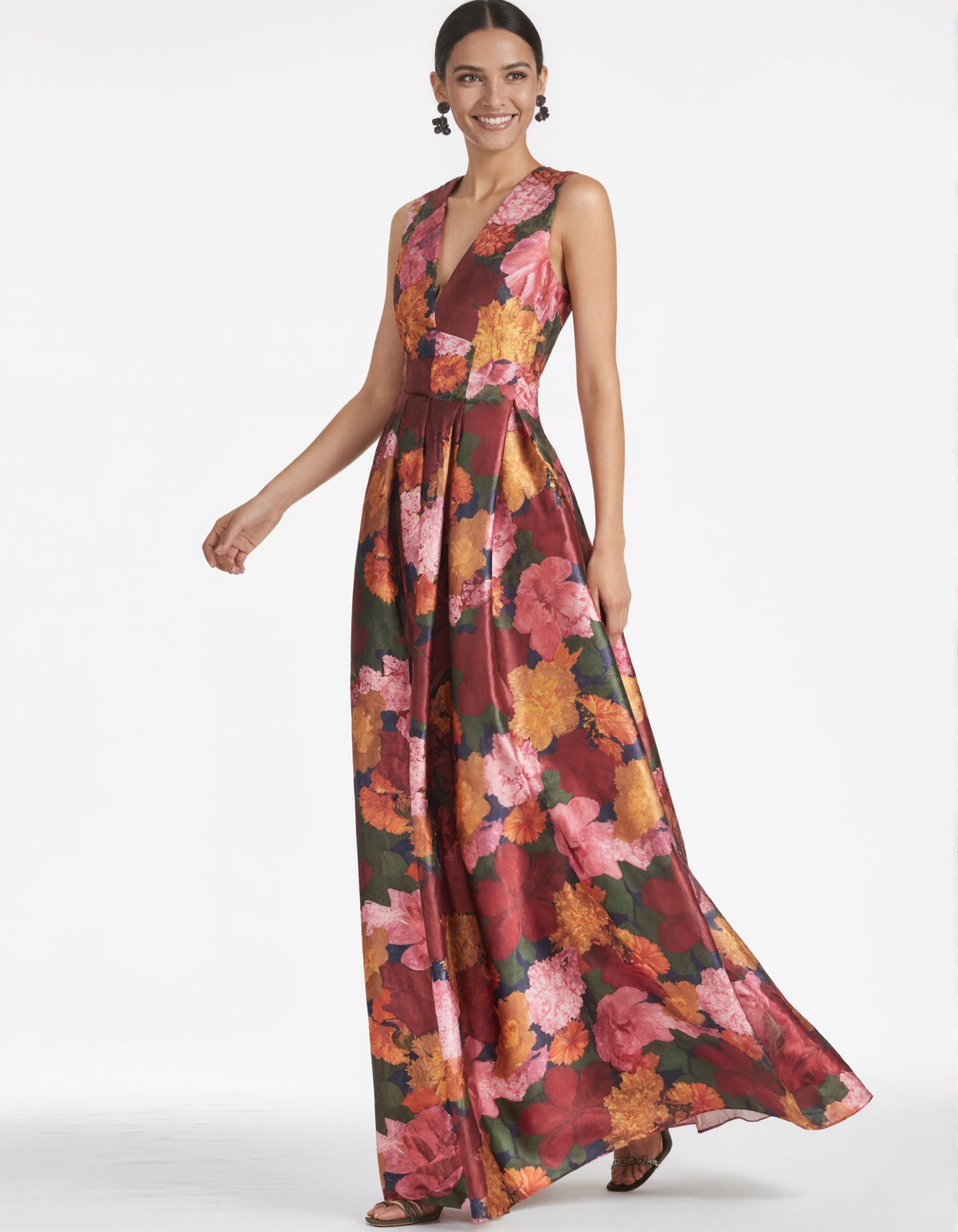 Deep V-neck Floral Sleeveless Maxi Dress