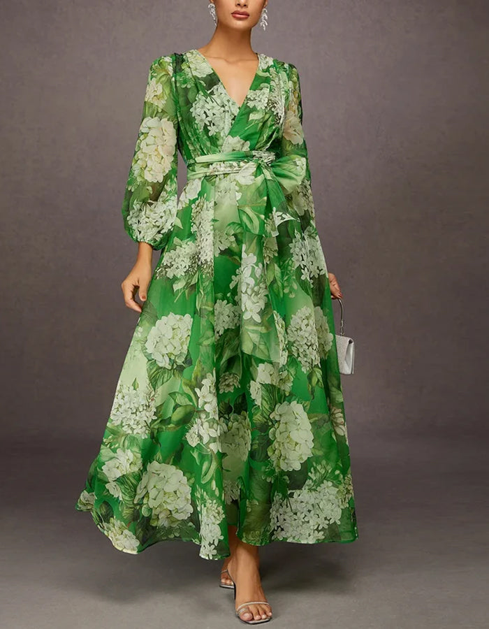 Vestido midi verde floral con cuello en V profundo y manga larga