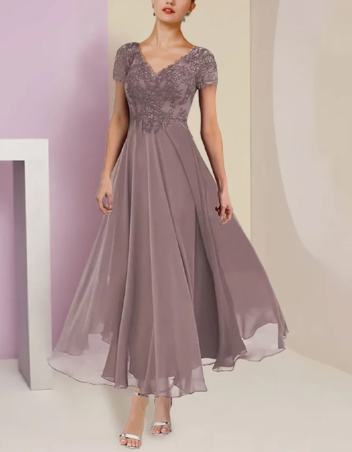 Sequined Pink Brown V-neck Short Sleeve Chiffon Dress Set