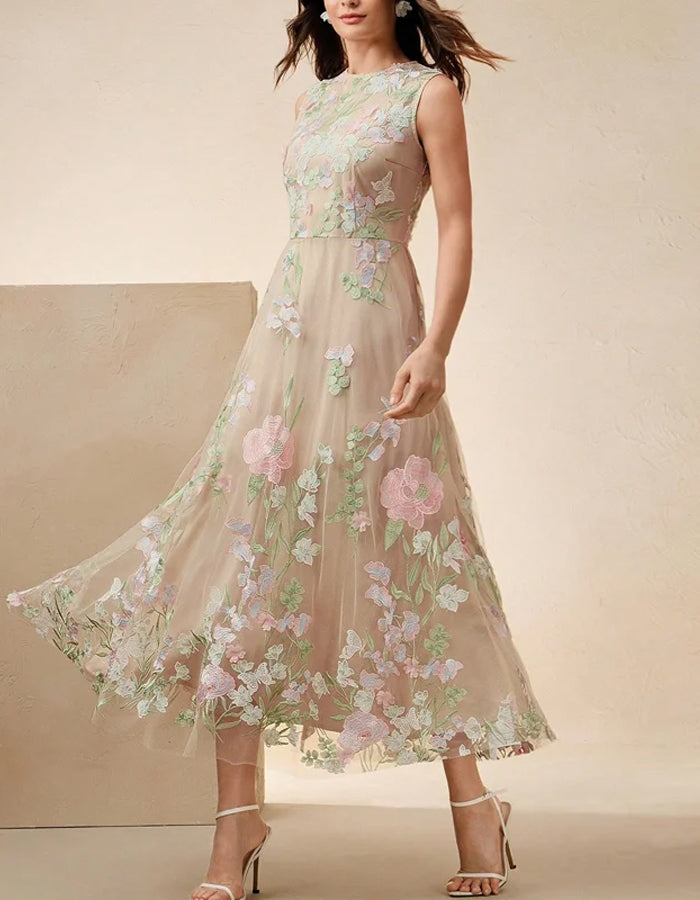 Romantic Beige Tulle Dress with Pastel Floral Embroidery
