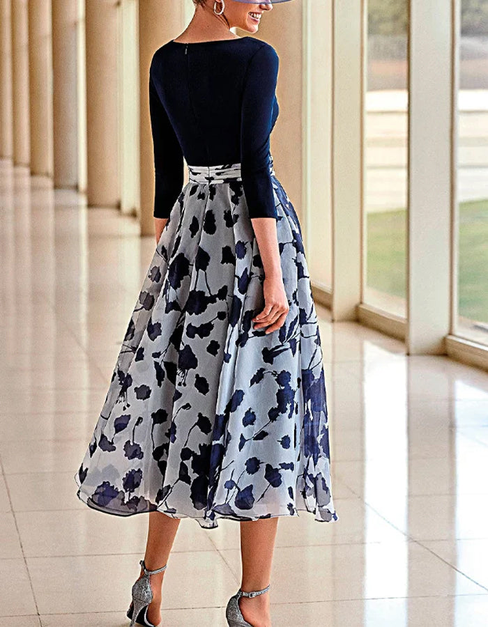 Elegant Navy and White Chiffon Midi Dress with Draped Bodice and Floral Skirt