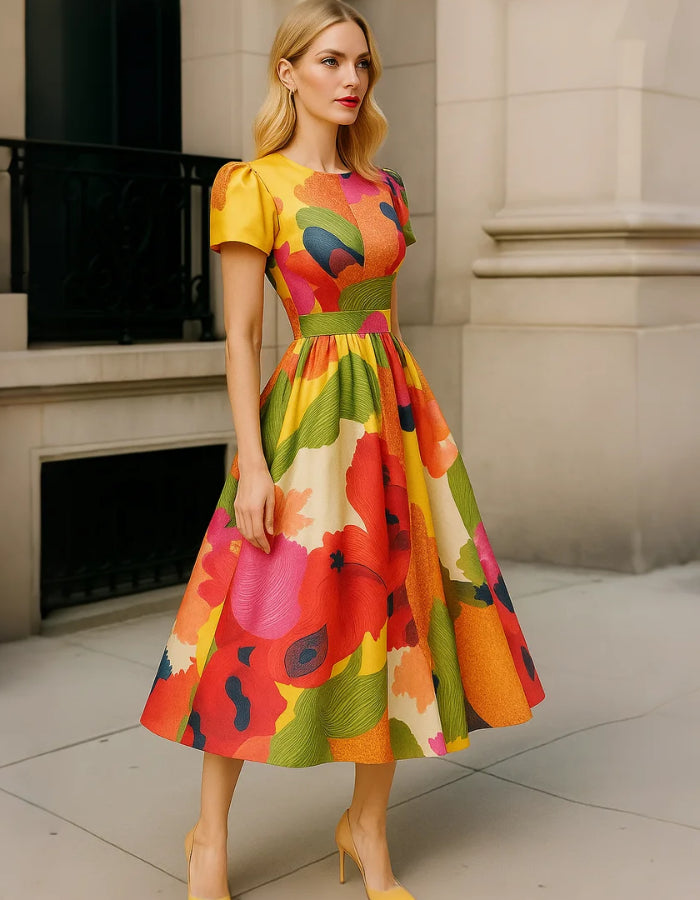 Vibrant Multicolor Satin Midi Dress with Puff Sleeves and Pleated Skirt
