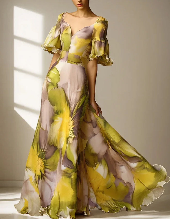 Vestido maxi con estampado floral y mangas con volantes