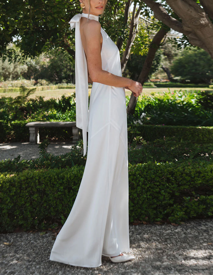 White High Collar Halter Neck Bridesmaid Dress