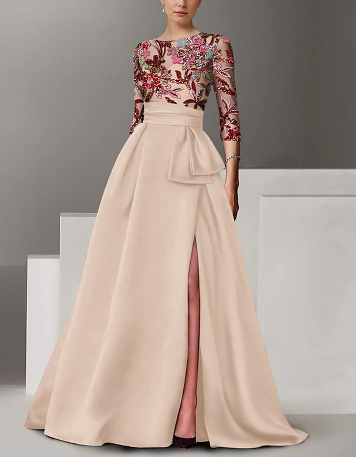 Round Neck Satin Sequined Sleeves Maxi Dress