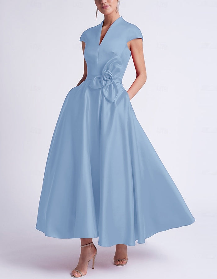 A-line Sleeveless V-neck Pocket Satin Midi Dress