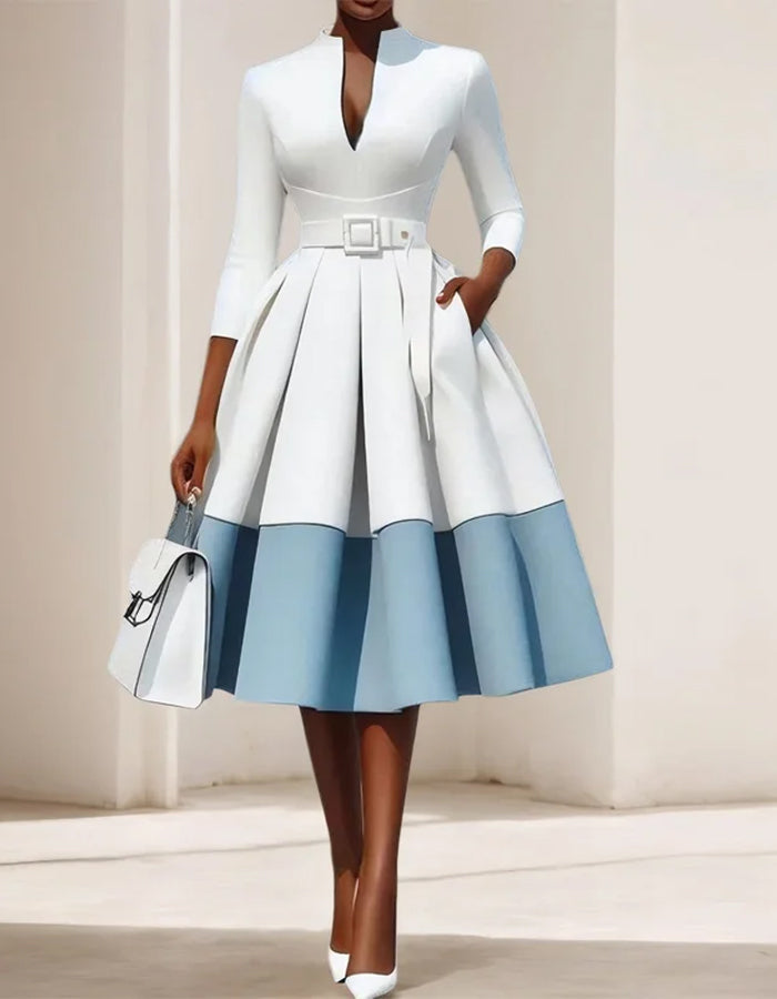 Refined White and Light Blue A-Line Dress with Belted Waist and High Neckline