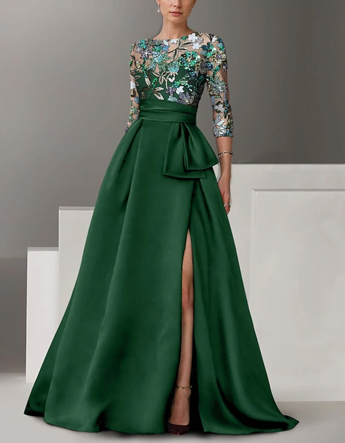 Vestido largo de raso con cuello redondo y mangas de lentejuelas