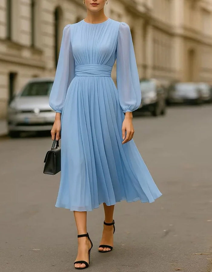Elegant Light Blue Chiffon Midi Dress with Sheer Bishop Sleeves