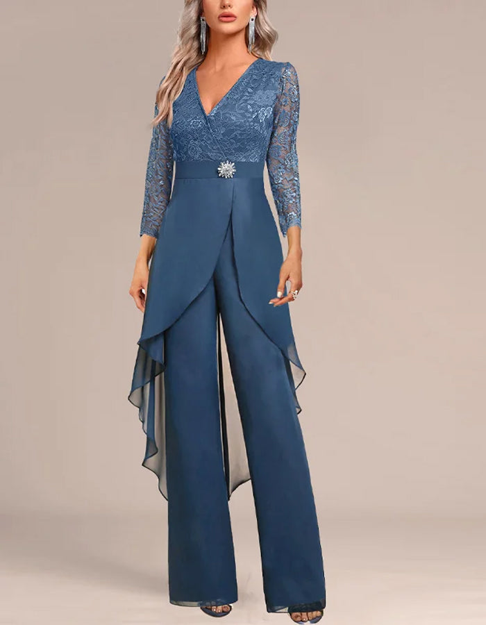 Elegant Lace and Chiffon Jumpsuit with Draped Overlay and Rhinestone
