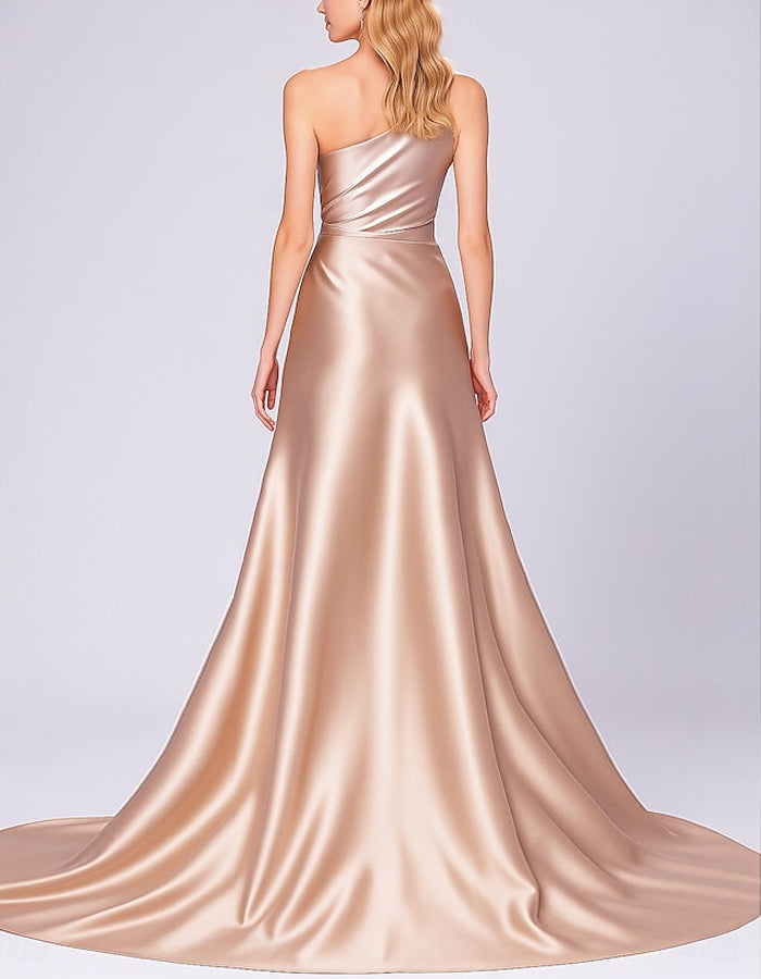 Vestido largo de satén elástico plisado con un solo hombro