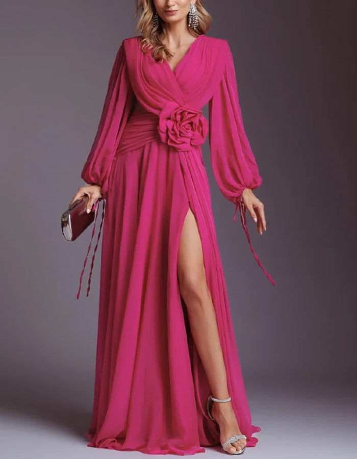 Elegante vestido largo de chifón de color liso con abertura y mangas abullonadas