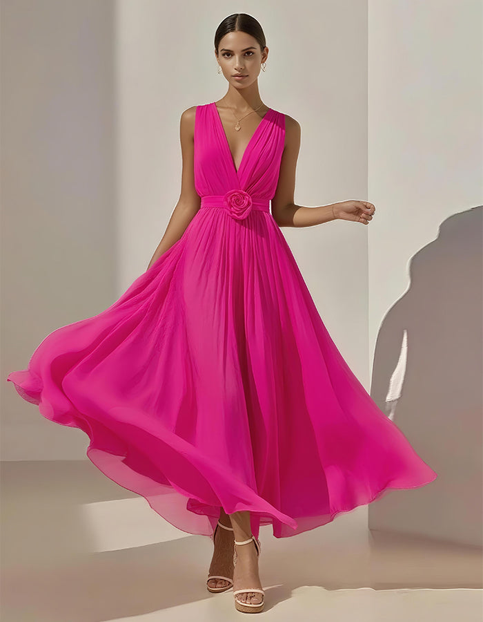 Vestido Midi Romántico de Gasa Plisada con Cintura Floral
