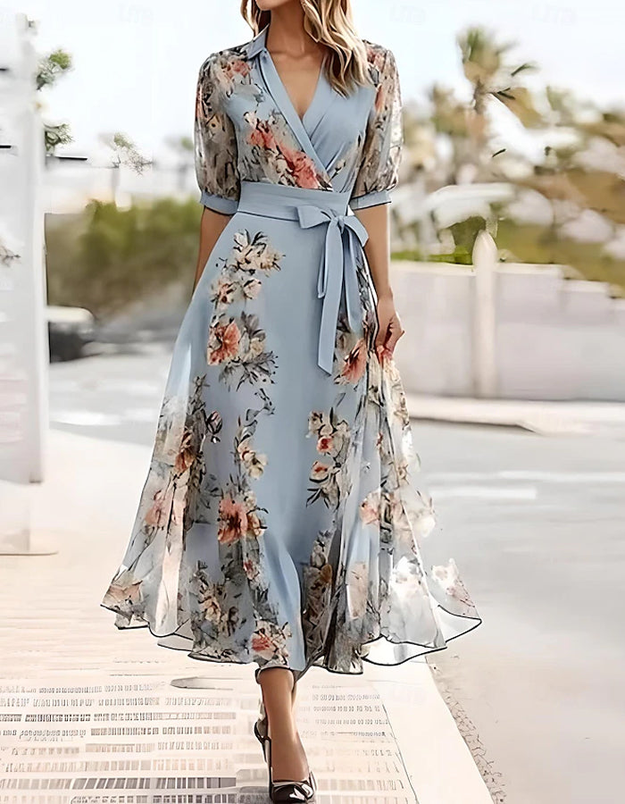 Lapel Printed Midi Dress
