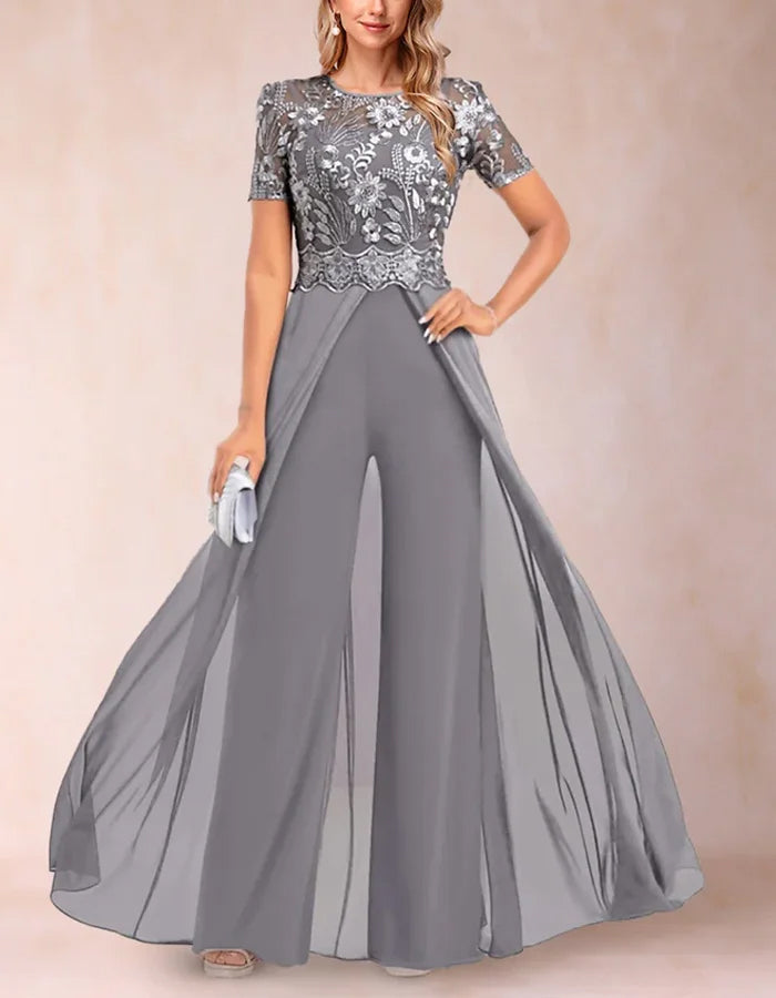 A-line Round Neck Short-sleeved Lace Jumpsuit