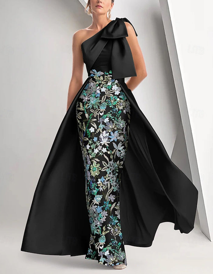Vestido maxi ceñido de raso y lentejuelas con un solo hombro