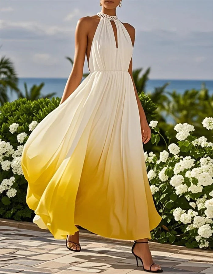 White/Pink Ombre Halter Neck Pearl Detail Maxi Dress