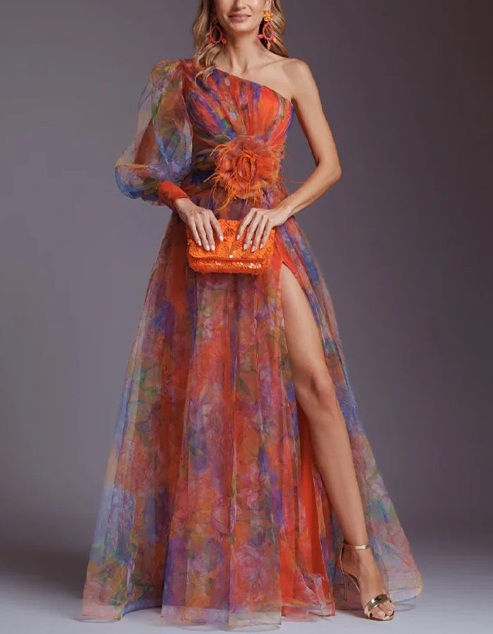 Elegant Organza Gown with Asymmetrical Neckline and Floral Appliqué
