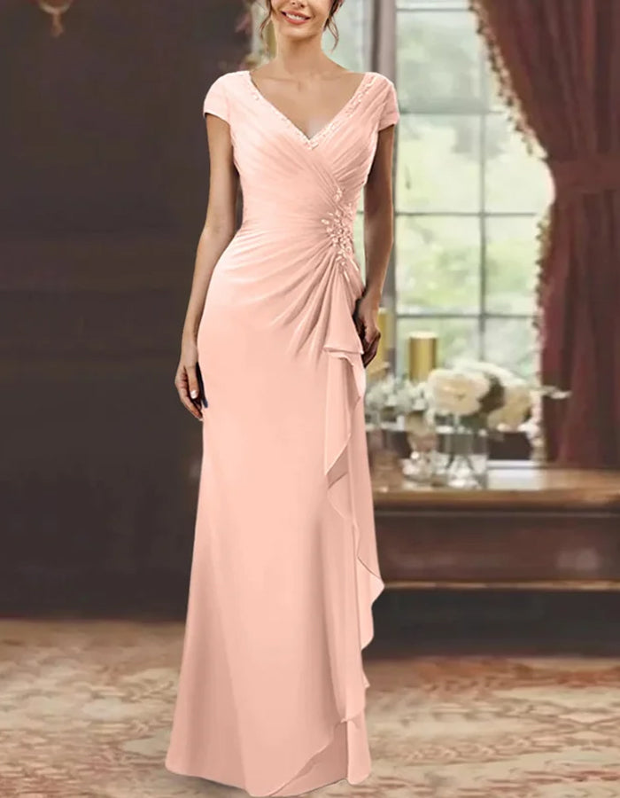 V-neck Solid Color Ruffles Maxi Dress