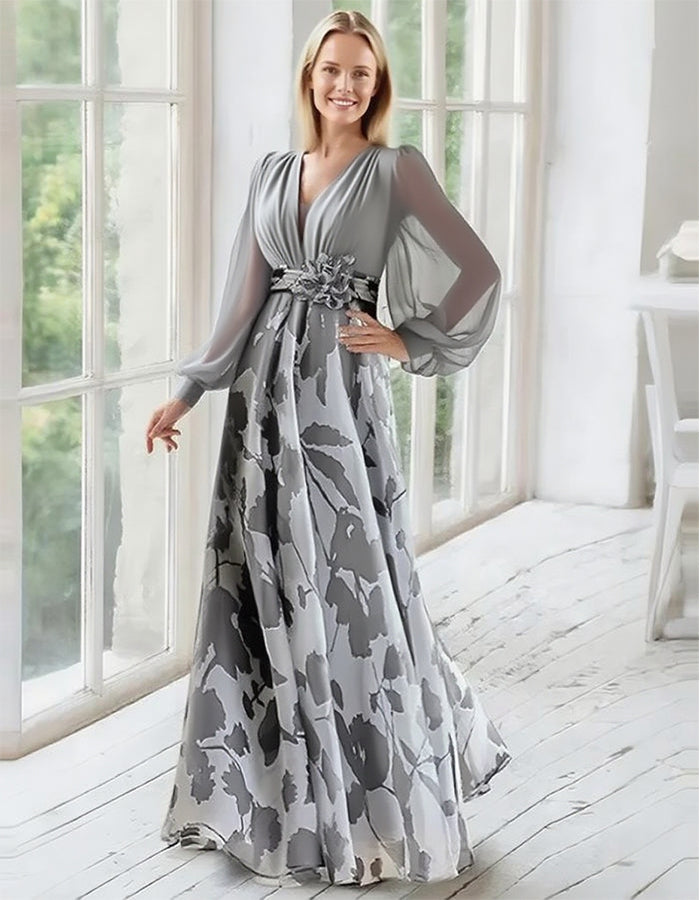 Elegant Navy Chiffon Gown with Floral Print Skirt and Sheer Bishop Sleeves