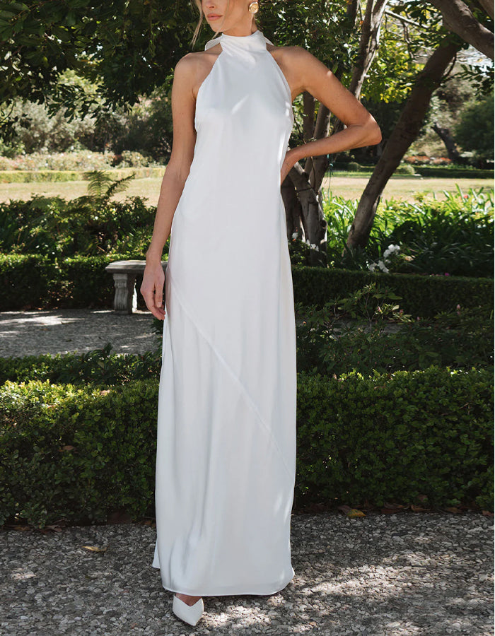 Vestido de Dama de Honor Blanco de Cuello Alto sin Mangas