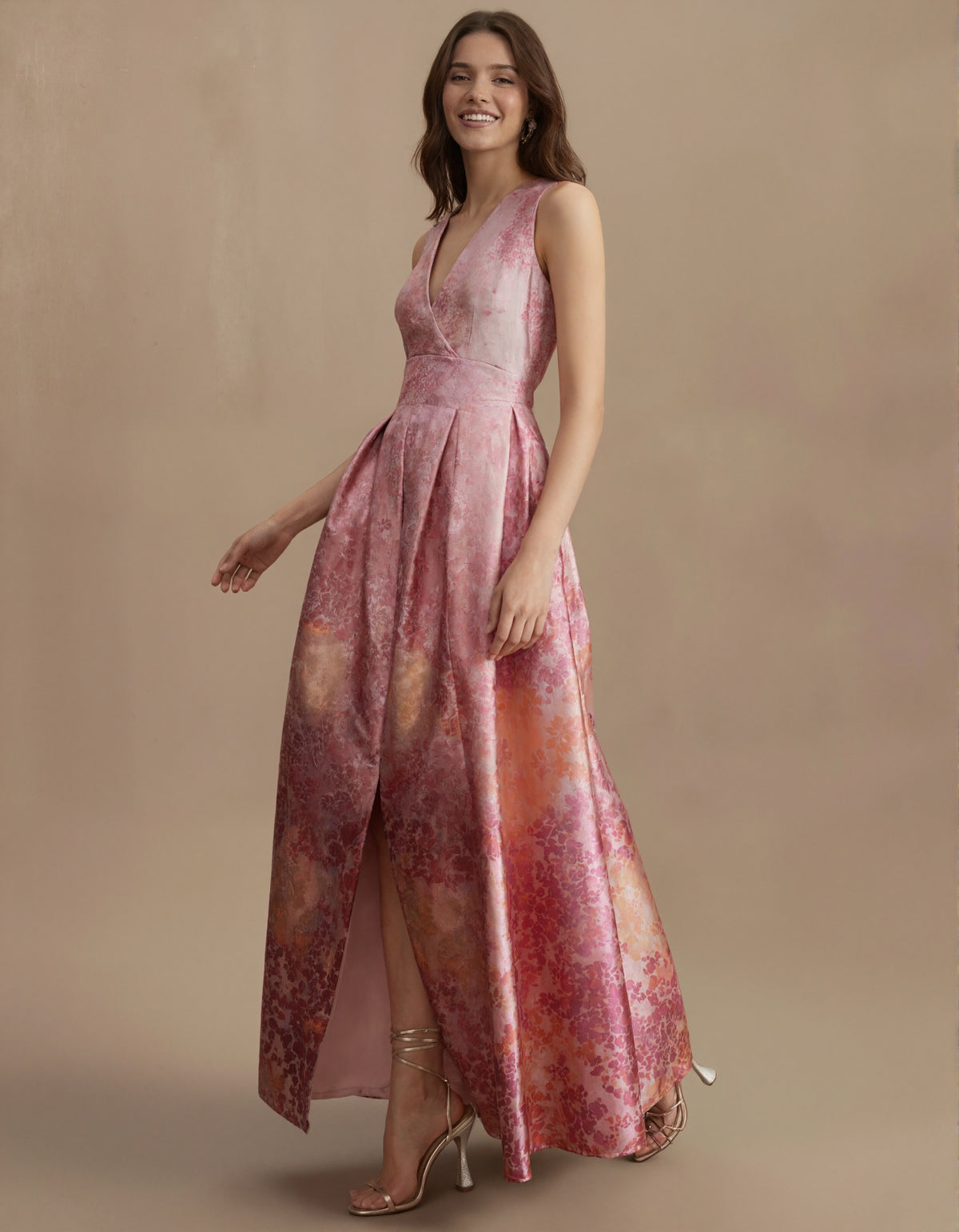 Romantic Pink Jacquard Gown with Gradient Floral Motif and Deep V-Neck