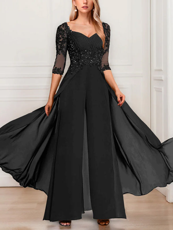 Solid Color Chiffon V-Neck Half Sleeve Mother of the Bride Jumpsuit