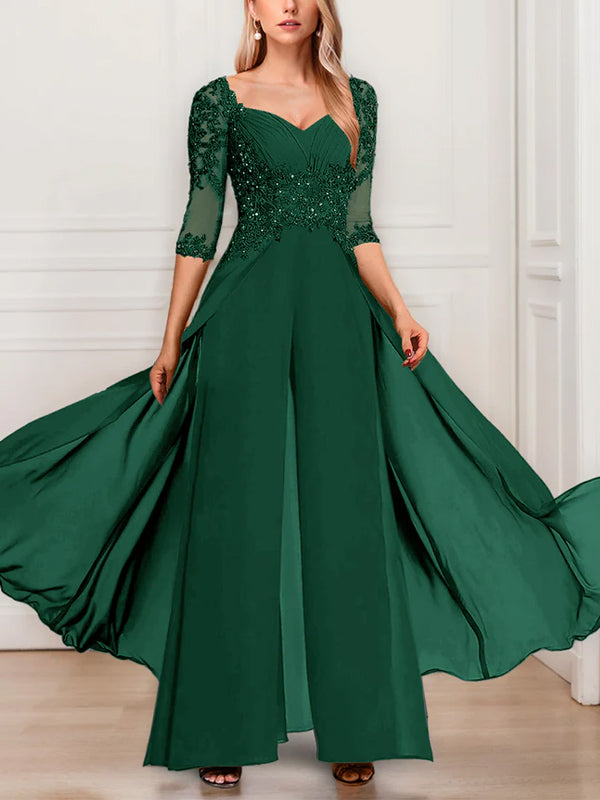 Solid Color Chiffon V-Neck Half Sleeve Mother of the Bride Jumpsuit