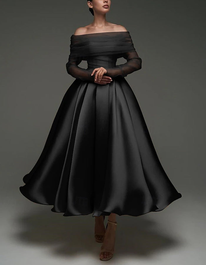 A-line Satin Removable Mesh Shawl Midi Dress