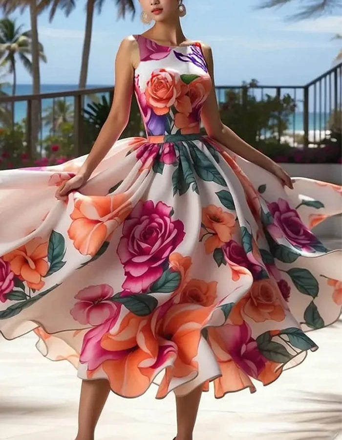 Elegant White Organza Dress with Vibrant Rose Print and Sleeveless Bodice