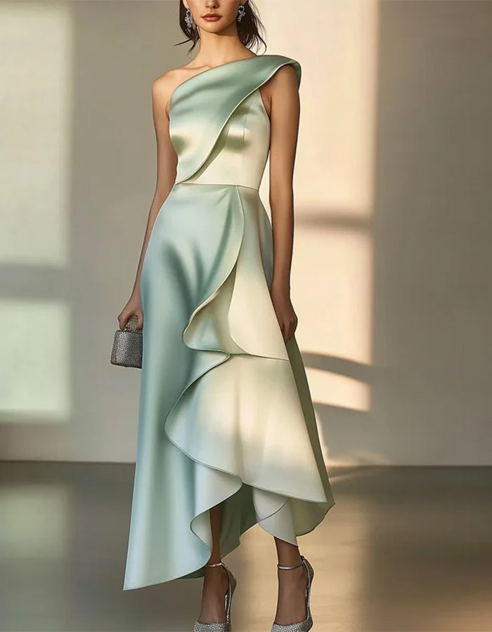 Elegante Vestido de Satén Verde Menta con Volante Asimétrico y Escote de Un Solo Hombro