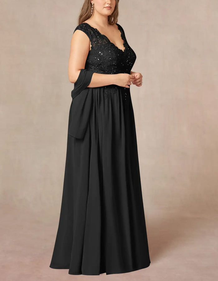 Black Sequined Chiffon A-Line V-Neck Maxi Dress
