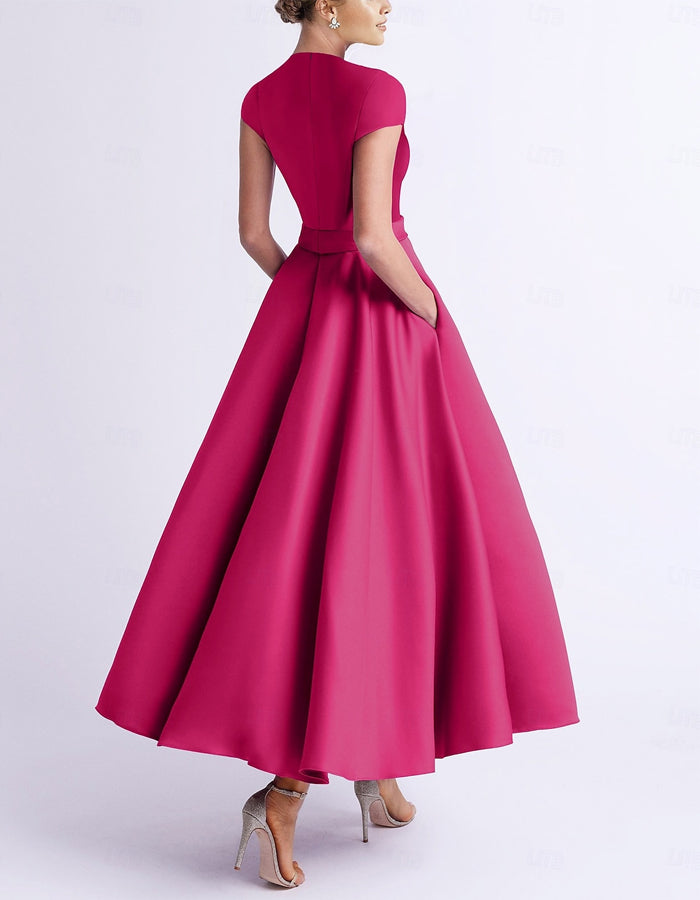 A-line Sleeveless V-neck Pocket Satin Midi Dress