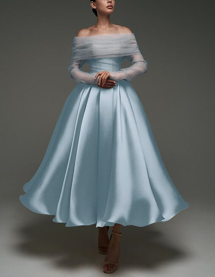 A-line Satin Removable Mesh Shawl Midi Dress