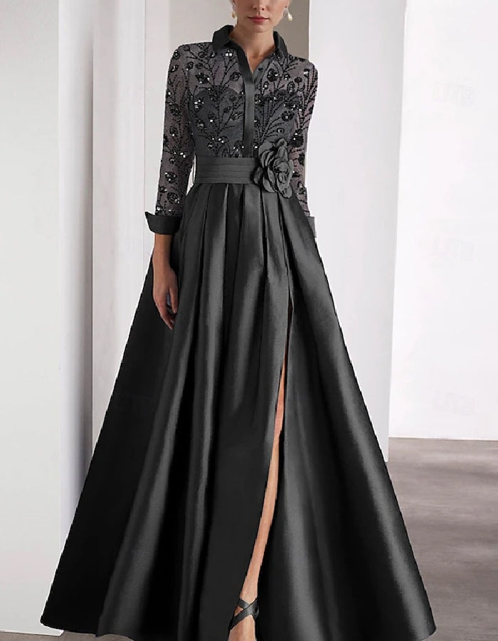 Elegant Satin Gown with Embroidered Bodice and Floral Waist Detail