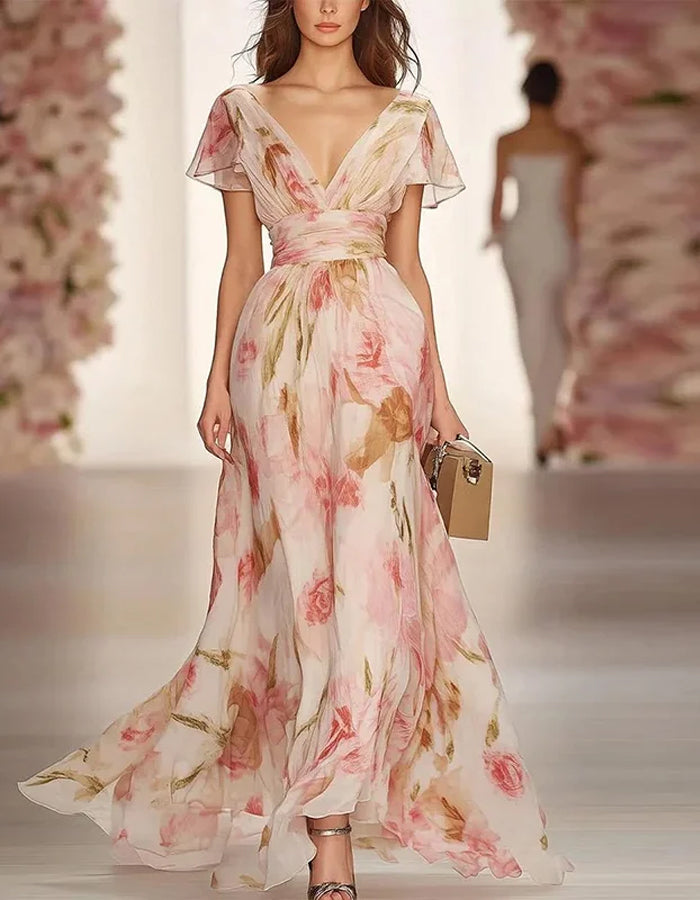 Romantic Pink Chiffon Gown with Watercolor Floral Print and Flutter Sleeves