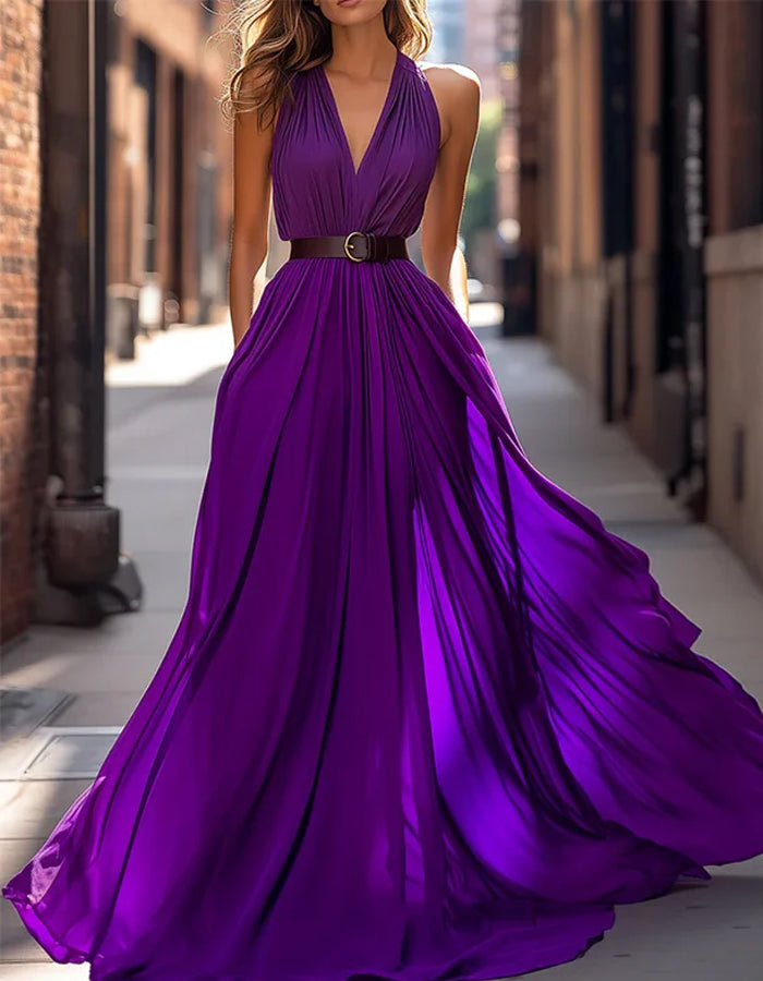 Vibrant Purple Chiffon Gown with Plunging Neckline and Belted Waist