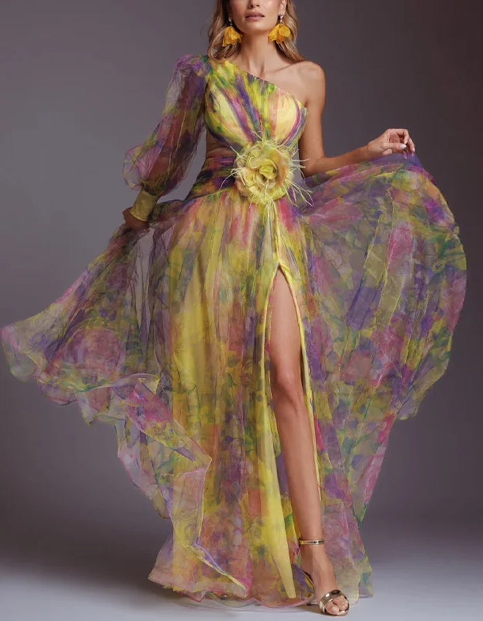 Elegant Organza Gown with Asymmetrical Neckline and Floral Appliqué