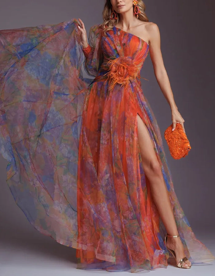 Elegant Organza Gown with Asymmetrical Neckline and Floral Appliqué