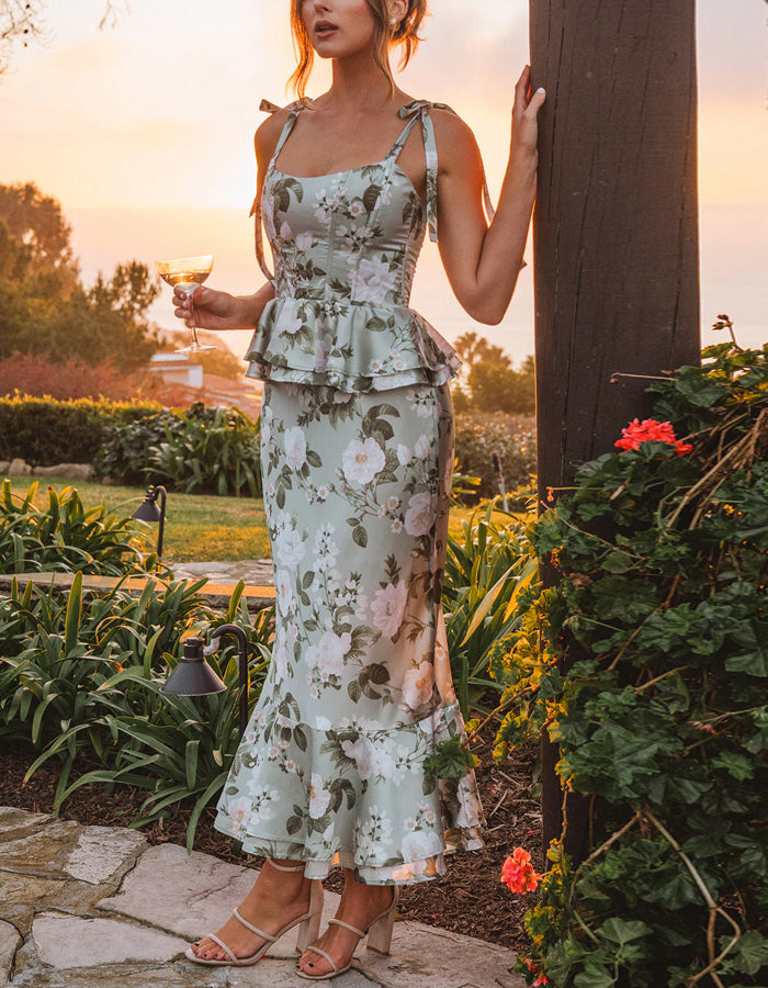 Light Green Floral Pattern Square Collar Bridesmaid Dress