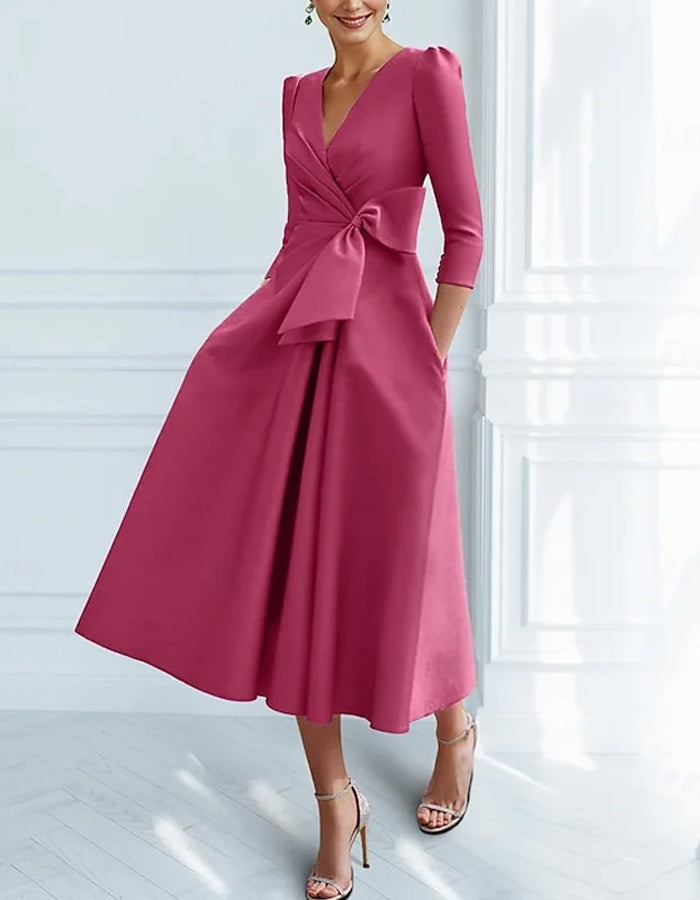 Solid Color V-Neck Satin Bow Midi Dress