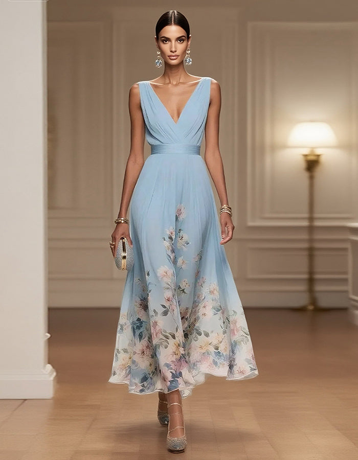 Romantic Light Blue Chiffon Gown with Floral Hem and Deep V-Neck