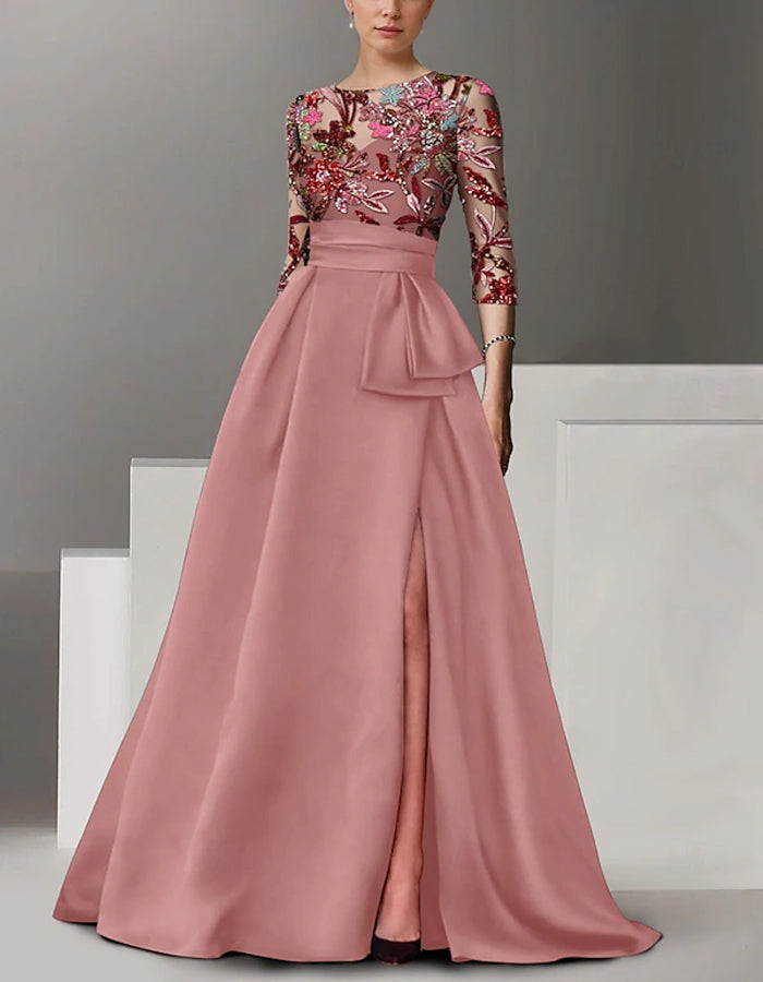 Round Neck Satin Sequined Sleeves Maxi Dress