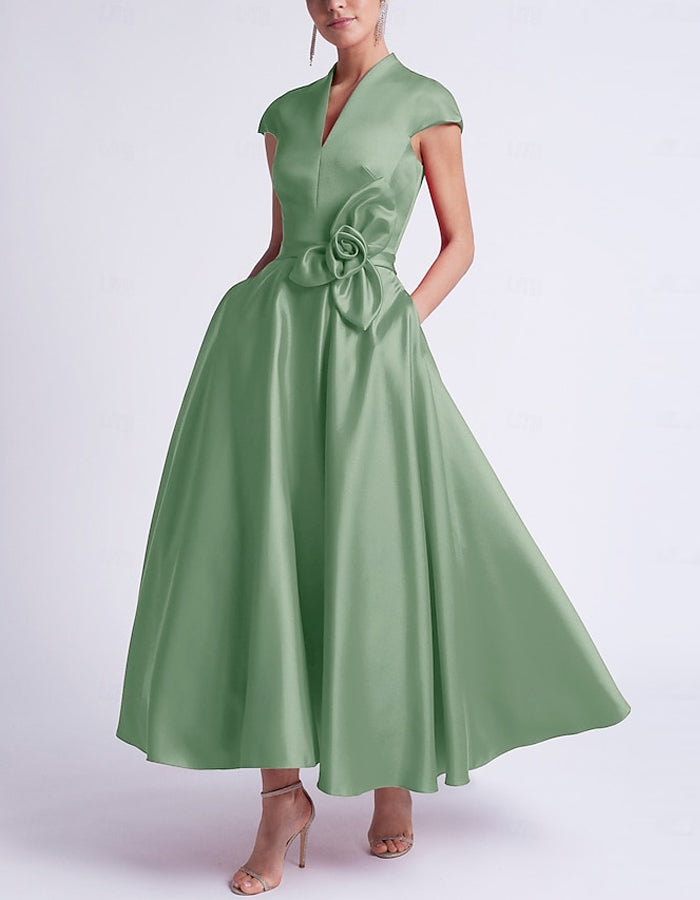 A-line Sleeveless V-neck Pocket Satin Midi Dress