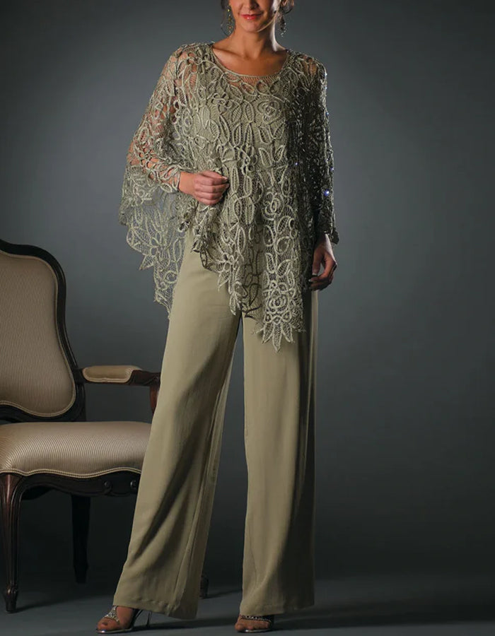 Elegant Lace Poncho Top with Flowing Wide-Leg Pants